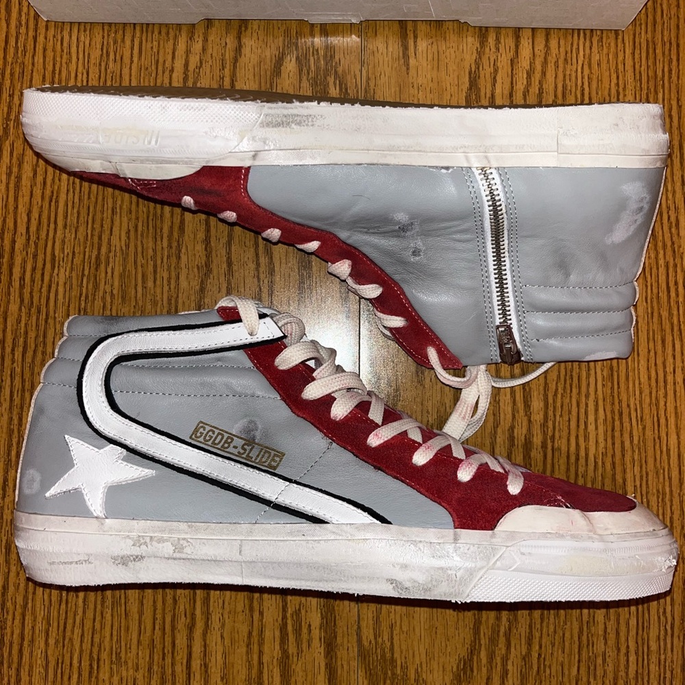 Golden Goose Gray and Red Mid-Top Sneakers with White Star